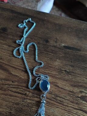 Silver Tone Necklace with Blue Oval Pendant and Tassel
